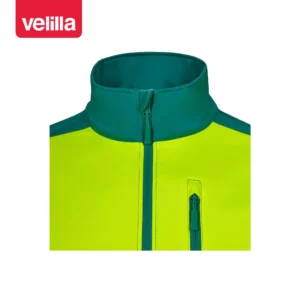 Cazadora softshell bicolor Velilla 306006 Verde/Amarillo flúor, detalle de cuello y cremalleras