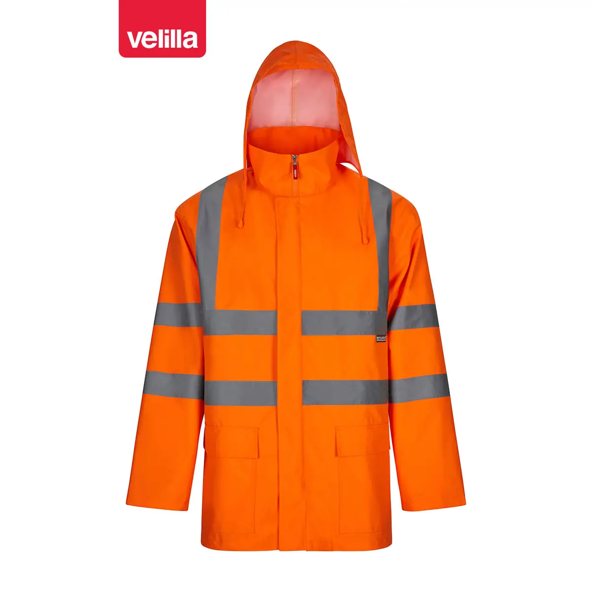 Parka 4 en 1 alta visibilidad Velilla 306007 10 Parka 4 en 1 alta visibilidad Velilla 306007 Naranja flúor, vista frontal con capucha desplegada