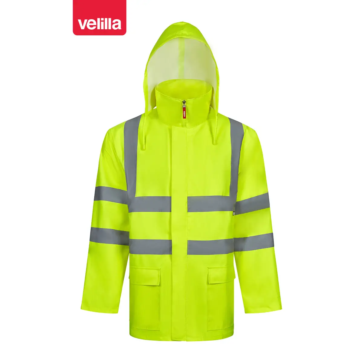 Parka 4 en 1 alta visibilidad Velilla 306007 4 Parka 4 en 1 alta visibilidad Velilla 306007 Amarillo flúor, vista frontal con capucha desplegada