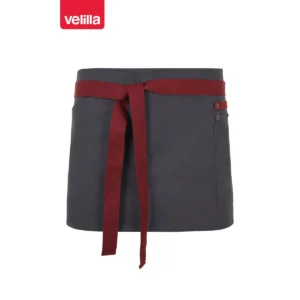 Delantal corto canvas bicolor Velilla 404221B Gris/Granate, vista frontal con cintas ajustadas