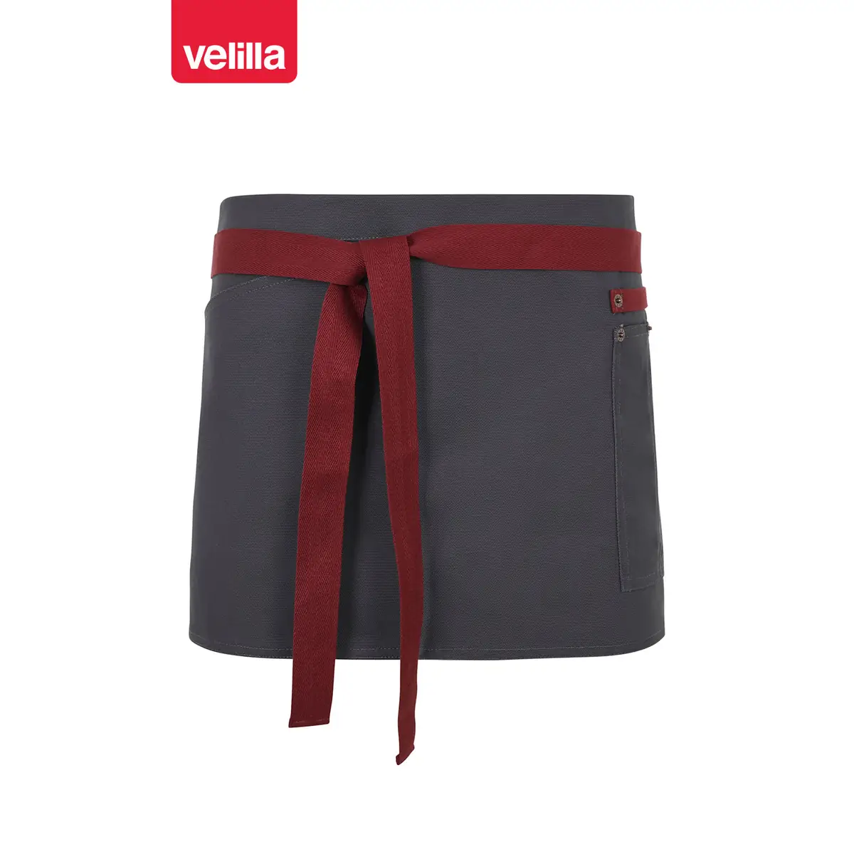 Delantal corto canvas bicolor Velilla 404221B 4 Delantal corto canvas bicolor Velilla 404221B Gris/Granate, vista frontal con cintas ajustadas
