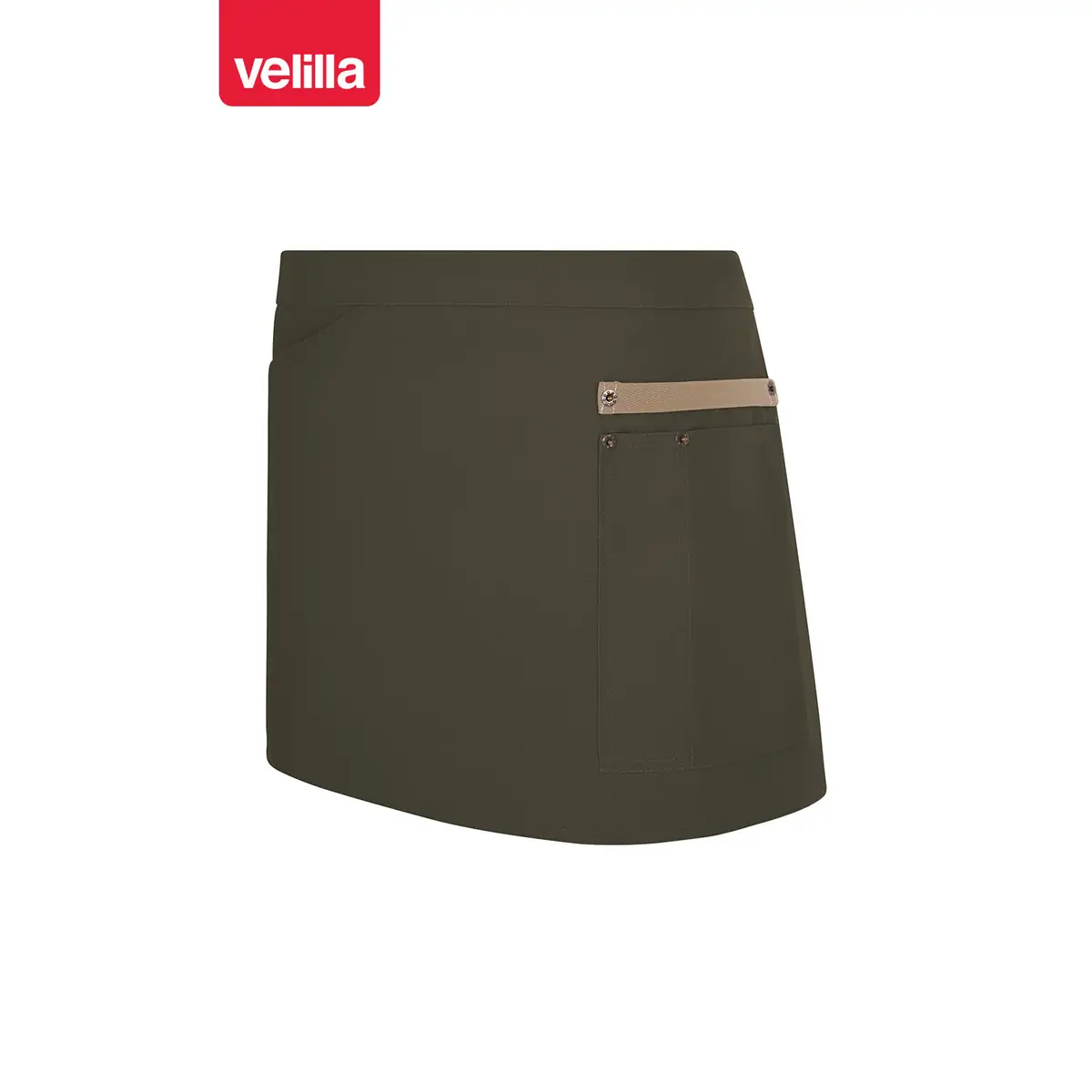 Delantal corto canvas bicolor Velilla 404221B 29 Delantal corto canvas bicolor Velilla 404221B Verde oliva/Beige arena, detalle de bolsillo y tira para paño
