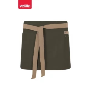 Delantal corto canvas bicolor Velilla 404221B Verde oliva/Beige arena, vista frontal con cintas ajustadas