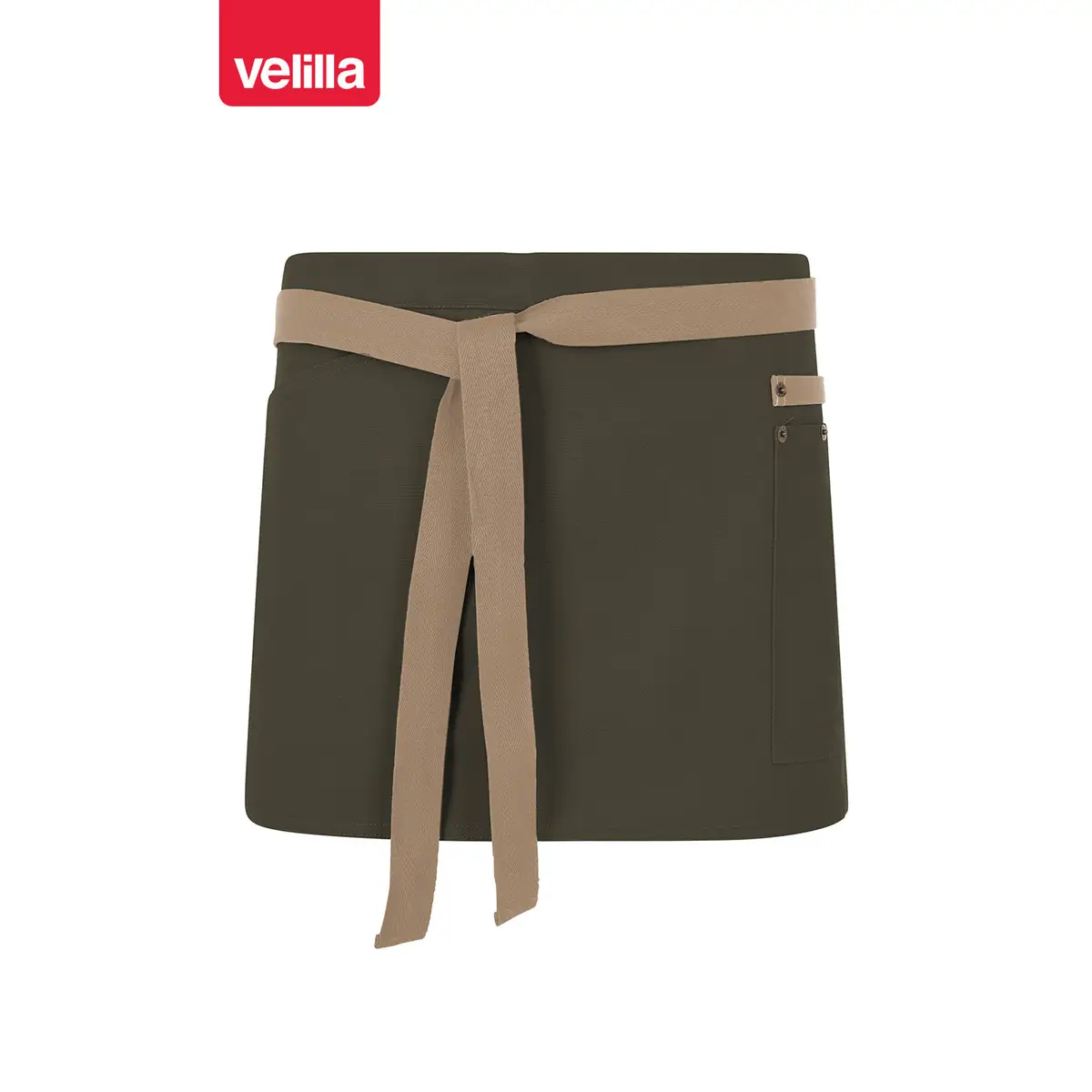 Delantal corto canvas bicolor Velilla 404221B 21 Delantal corto canvas bicolor Velilla 404221B Verde oliva/Beige arena, vista frontal con cintas ajustadas