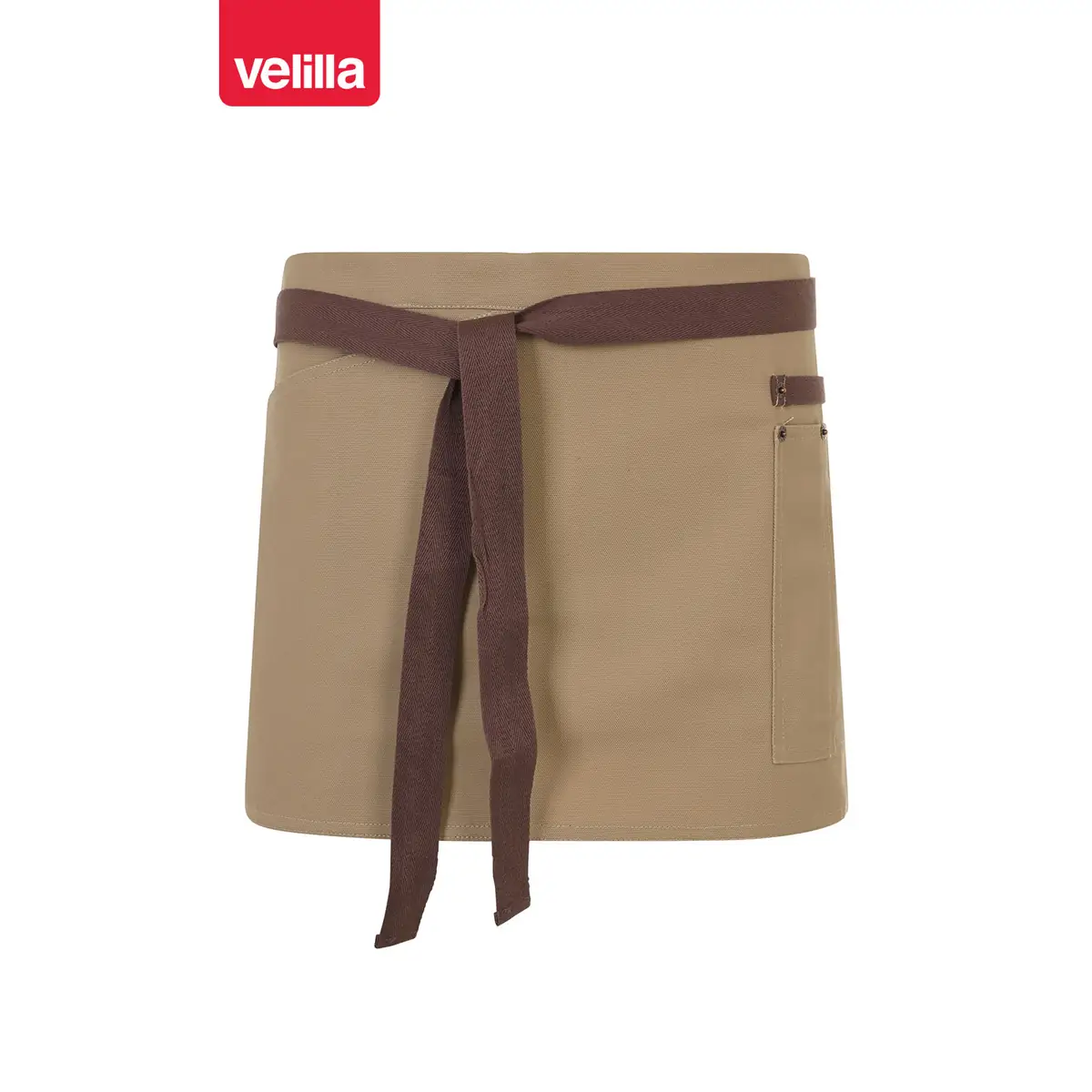 Delantal corto canvas bicolor Velilla 404221B 26 Delantal corto canvas bicolor Velilla 404221B Beige arena/Marrón, vista frontal con cintas ajustadas
