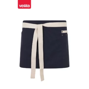 Delantal corto canvas bicolor Velilla 404221B Azul navy/Marfil, vista frontal con cintas ajustadas