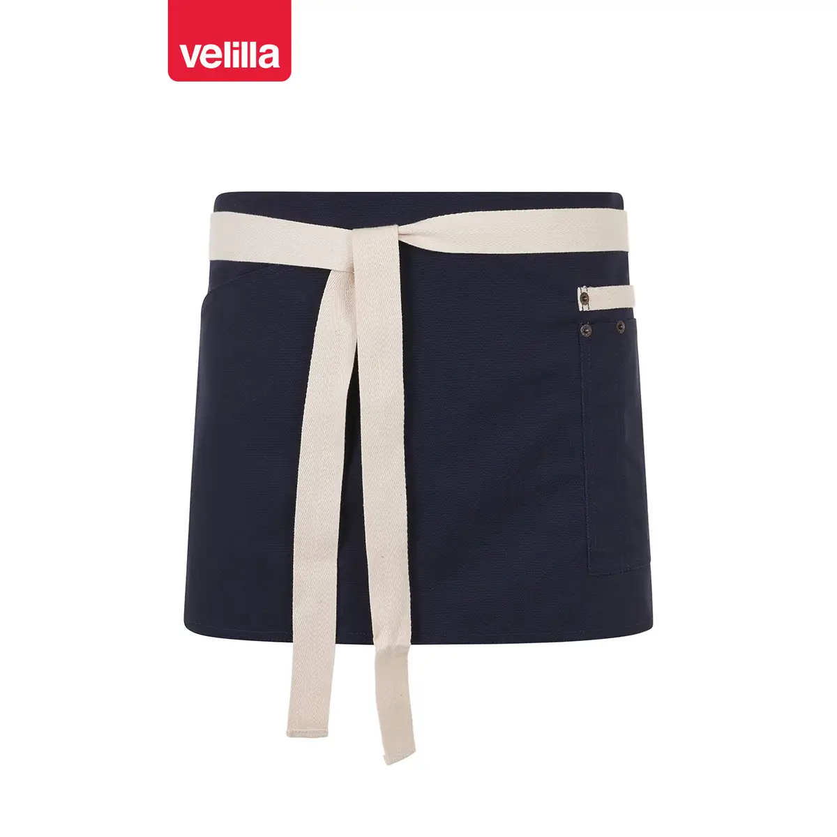 Delantal corto canvas bicolor Velilla 404221B 15 Delantal corto canvas bicolor Velilla 404221B Azul navy/Marfil, vista frontal con cintas ajustadas