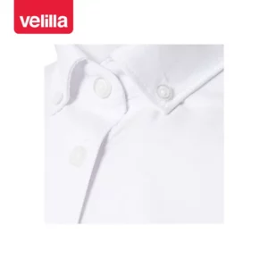 Camisa oxford stretch mujer Velilla 405005S Blanco, detalle de cuello abotonado y tapeta