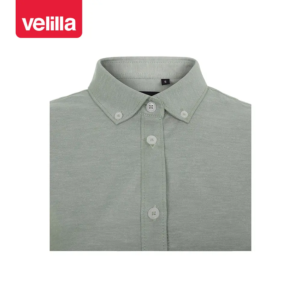 Camisa oxford stretch mujer Velilla 405005S 21 Camisa oxford stretch mujer Velilla 405005S Verde oliva claro, detalle de cuello y cierre