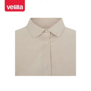 Camisa oxford stretch mujer Velilla 405005S Beige claro, detalle de cuello y cierre