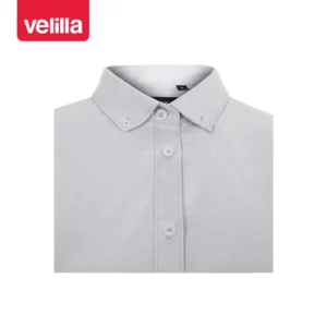 Camisa oxford stretch mujer Velilla 405005S Gris hielo, detalle de cuello y cierre