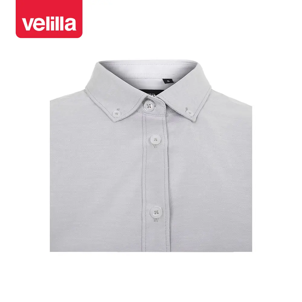 Camisa oxford stretch mujer Velilla 405005S 20 Camisa oxford stretch mujer Velilla 405005S Gris hielo, detalle de cuello y cierre