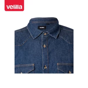 Camisa dénim stretch hombre Velilla 405006S Dénim azul, detalle de cuello bolsillos