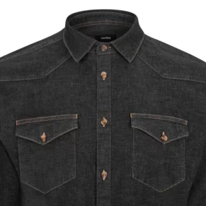 Camisa dénim stretch hombre Velilla 405006S Dénim gris oscuro, detalle de cuello bolsillos