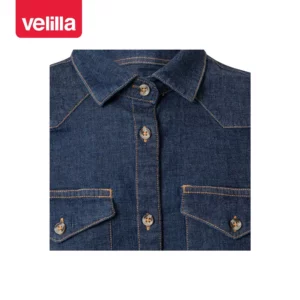 Camisa dénim stretch mujer Velilla 405007S Dénim azul, detalle de cuello y cierre
