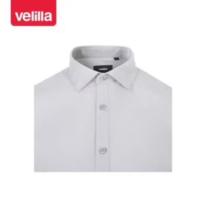 Camisa manga corta hombre Velilla 405008 Gris hielo, detalle de cuello y cierre