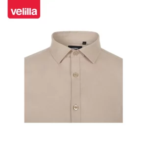 Camisa manga larga hombre Velilla 405009 Beige claro, detalle de cuello y cierre