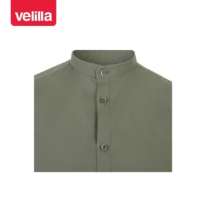 Camisa cuello tirilla hombre Velilla 405012S Verde oliva claro, detalle de cuello y cierre