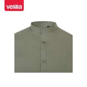 Camisa cuello tirilla hombre Velilla 405013S Verde oliva claro, detalle de cuello y cierre