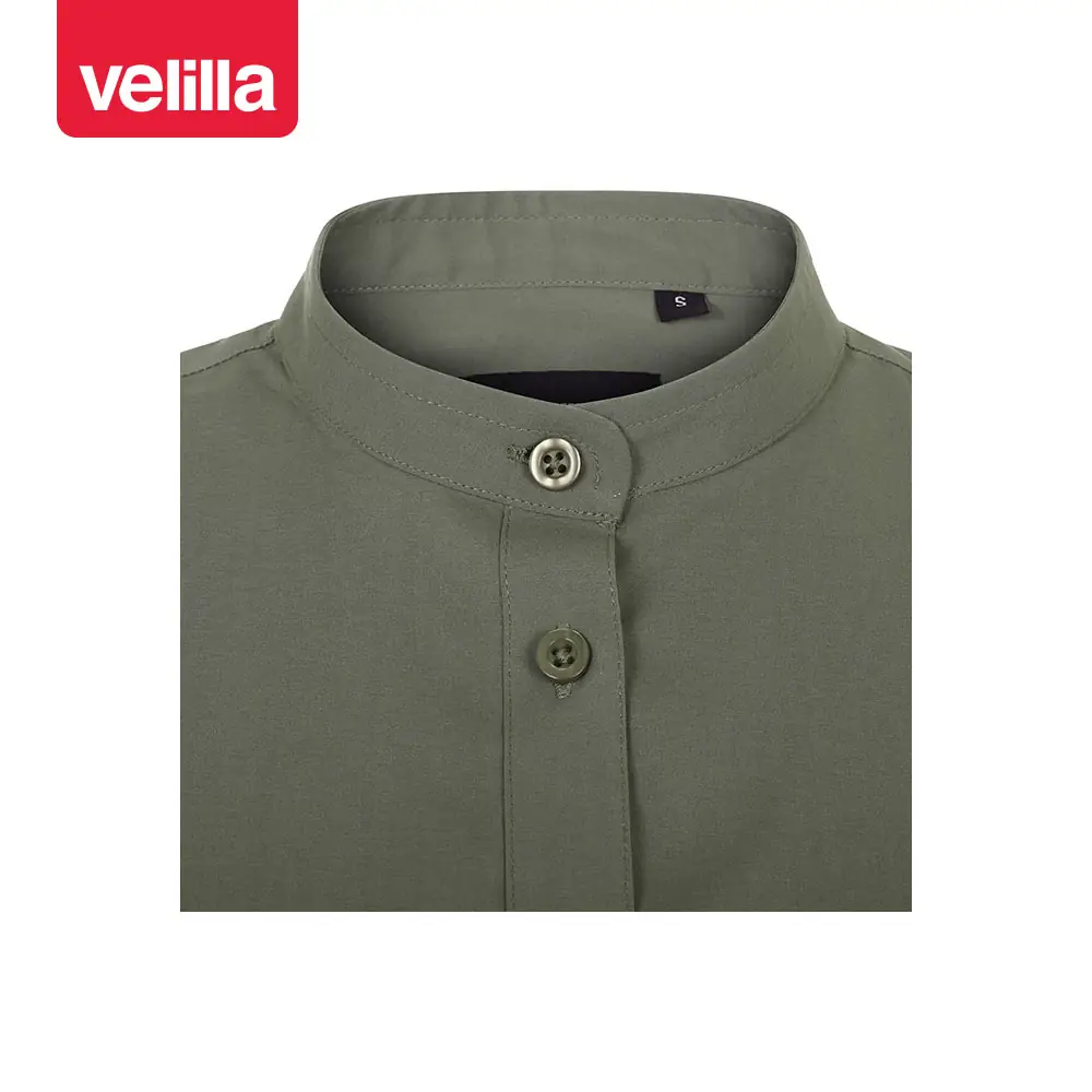 Camisa cuello tirilla mujer Velilla 405014S 28 Camisa cuello tirilla mujer Velilla 405014S Verde oliva claro, detalle de cuello y cierre