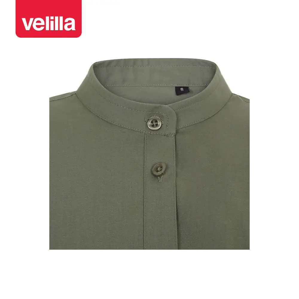 Camisa cuello tirilla mujer Velilla 405015S 26 Camisa cuello tirilla mujer Velilla 405015S Verde oliva claro, detalle de cuello y cierre