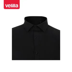 Camisa stretch manga corta hombre Velilla 405016S Negro, detalle de cuello y cierre