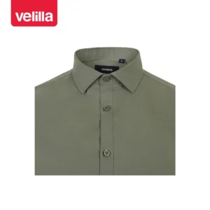 Camisa stretch manga corta hombre Velilla 405016S Verde oliva claro, detalle de cuello y cierre