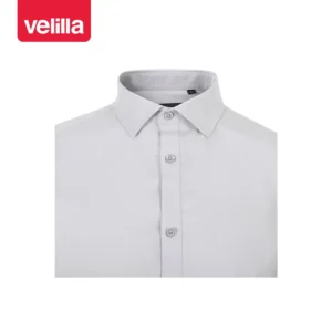 Camisa stretch manga corta hombre Velilla 405016S Gris hielo, detalle de cuello y cierre