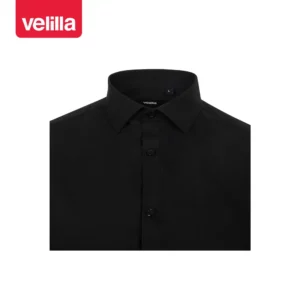 Camisa stretch manga larga hombre Velilla 405017S Negro, detalle de cuello y cierre