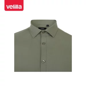 Camisa stretch manga larga hombre Velilla 405017S Verde oliva claro, detalle de cuello y cierre