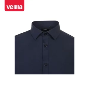Camisa stretch manga larga hombre Velilla 405017S Azul navy, detalle de cuello y cierre