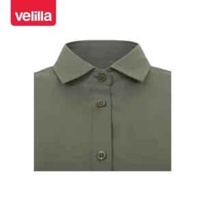 Camisa stretch manga corta mujer Velilla 405018S Verde oliva claro, detalle de cuello y cierre