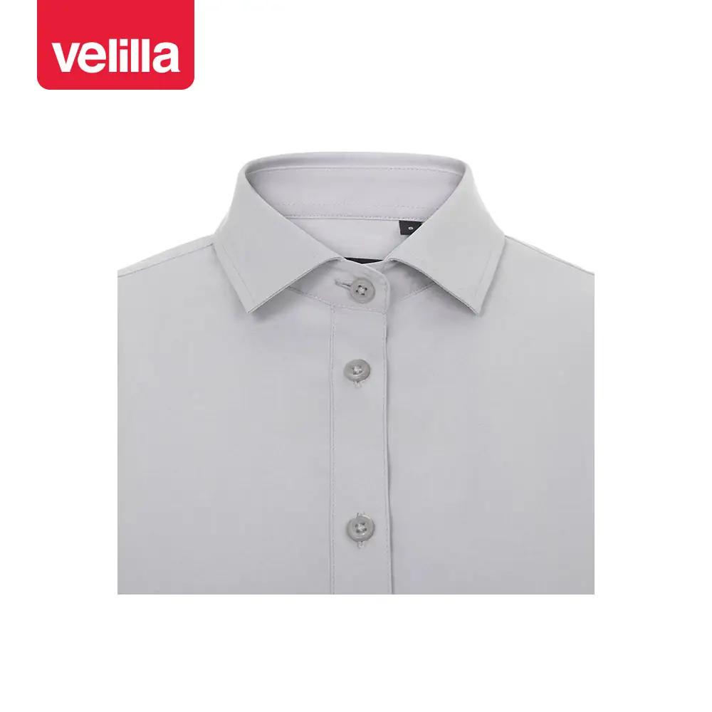 Camisa stretch manga corta mujer Velilla 405018S 23 Camisa stretch manga corta mujer Velilla 405018S Gris hielo, detalle de cuello y cierre