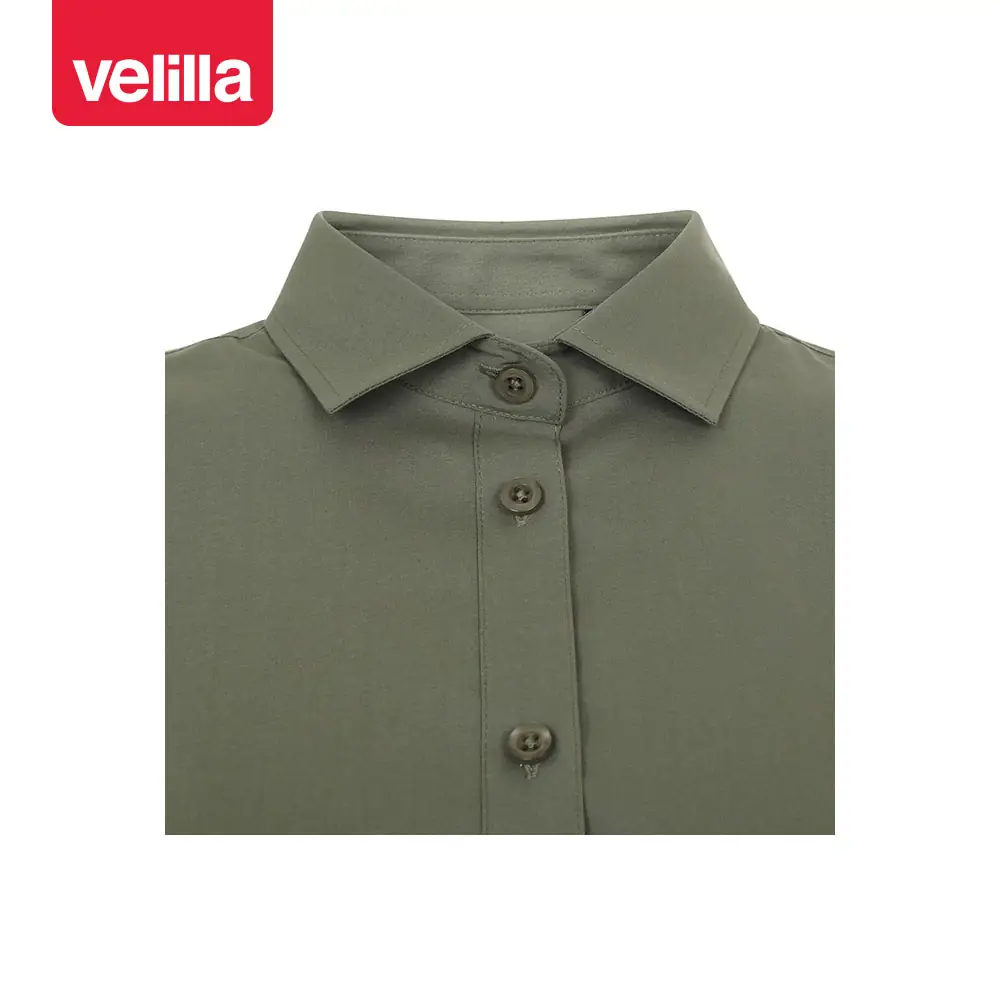 Camisa stretch manga larga mujer Velilla 405019S 10 Camisa stretch manga larga mujer Velilla 405019S Verde oliva claro, detalle de cuello y cierre
