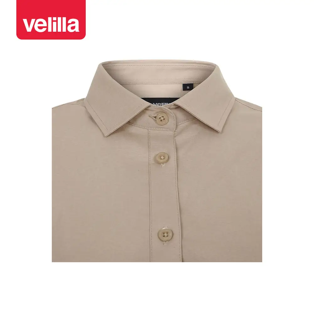 Camisa stretch manga larga mujer Velilla 405019S 12 Camisa stretch manga larga mujer Velilla 405019S Beige claro, detalle de cuello y cierre