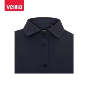 Camisa stretch manga larga mujer Velilla 405019S Azul navy, detalle de cuello y cierre