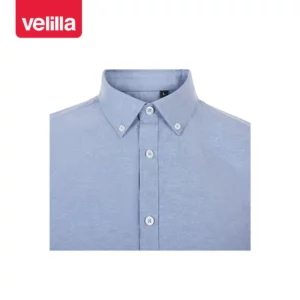 Camisa oxford stretch hombre Velilla 405024S Celeste, detalle de cuello y cierre