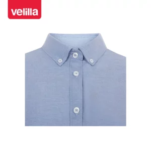 Camisa oxford stretch mujer Velilla 405025S Celeste, detalle de cuello y cierre