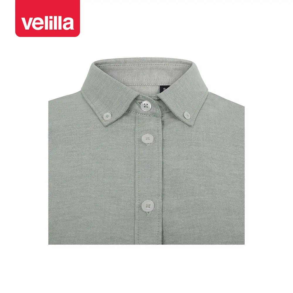 Camisa oxford stretch mujer Velilla 405025S 20 Camisa oxford stretch mujer Velilla 405025S Verde oliva claro, detalle de cuello y cierre