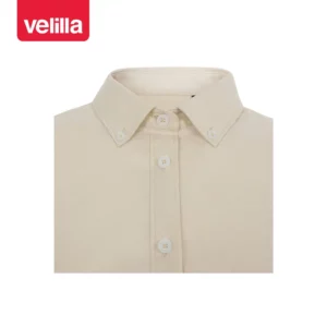 Camisa oxford stretch mujer Velilla 405025S Beige claro, detalle de cuello y cierre