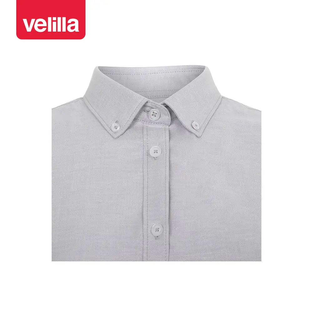 Camisa oxford stretch mujer Velilla 405025S 18 Camisa oxford stretch mujer Velilla 405025S Gris hielo, detalle de cuello y cierre