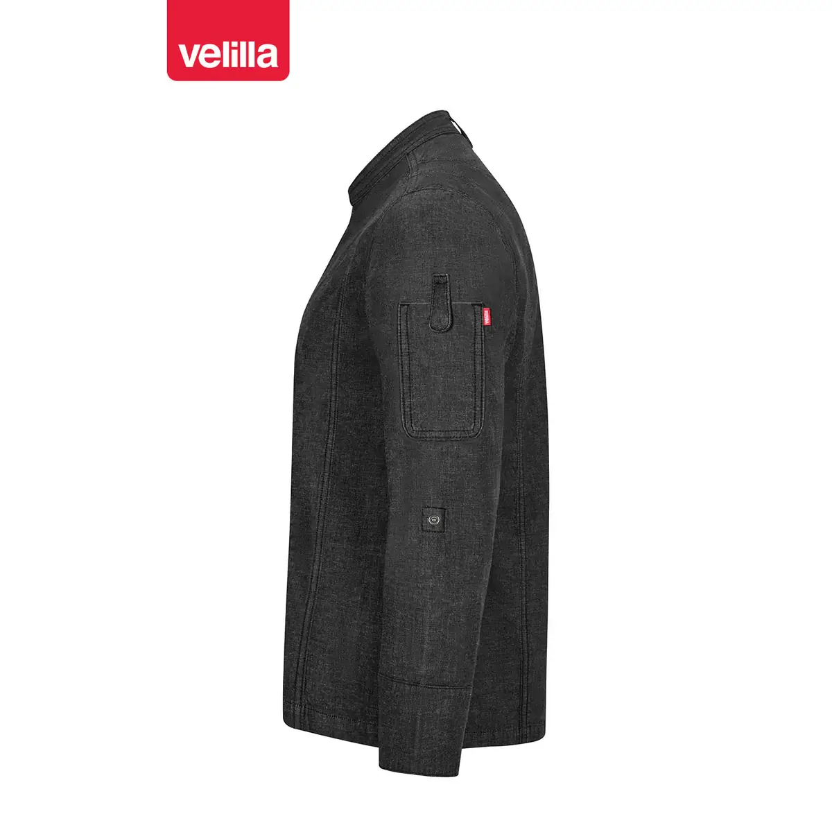 Chaqueta de cocina dénim Velilla 405212S 27 Chaqueta de cocina dénim Velilla 405212S Dénim gris oscuro, vista lateral con tira de la manga