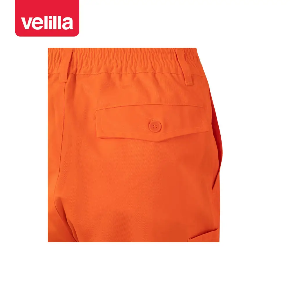 Pantalón forrado alta visibilidad Velilla F160 12 Pantalón forrado alta visibilidad Velilla F160 Naranja flúor, detalle de cintura y bolsillo trasero con botón