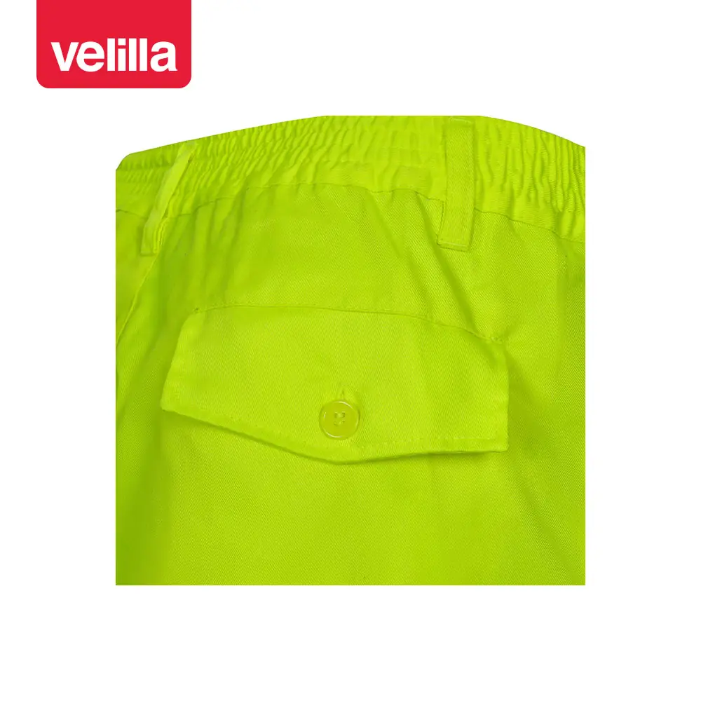 Pantalón forrado alta visibilidad Velilla F160 9 Pantalón forrado alta visibilidad Velilla F160 Amarillo flúor, detalle de cintura y bolsillo trasero con botón