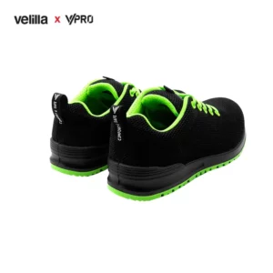 Zapatilla de seguridad VPro SPEZIAL 707007 Negro/Verde lima, vista trasera oblicua del par