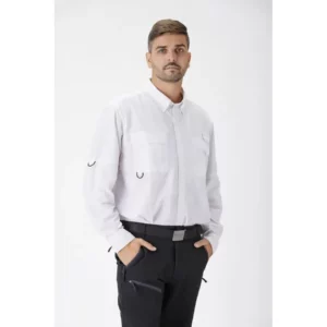 Camisa safari de manga larga WorkTeam B8500, Blanco, vista frontal con modelo