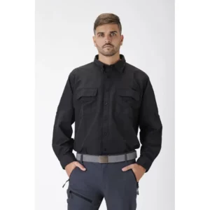Camisa safari de manga larga WorkTeam B8500, Negro, vista frontal con modelo