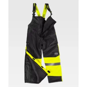 Peto impermeable para frío WorkTeam C7027, Negro/Amarillo flúor, detalle de apertura de pernera