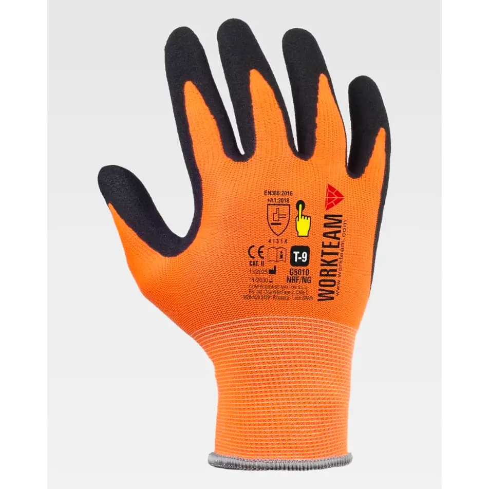 Guantes, pack 12 pares WorkTeam G5010 5 Guantes, pack 12 pares WorkTeam G5010, Naranja flúor/Negro, vista dorsal