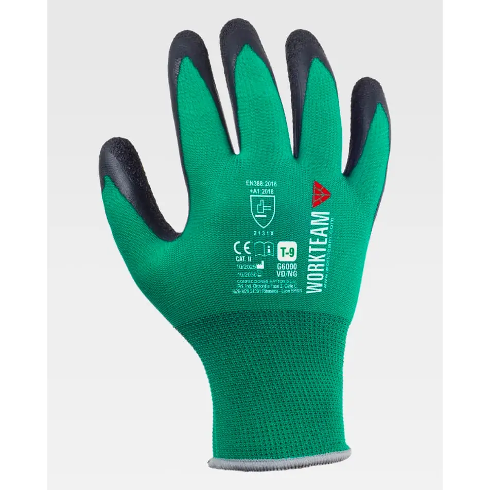Guantes, pack 12 pares WorkTeam G6000 9 Guantes, pack 12 pares WorkTeam G6000, Verde/Negro, vista dorsal